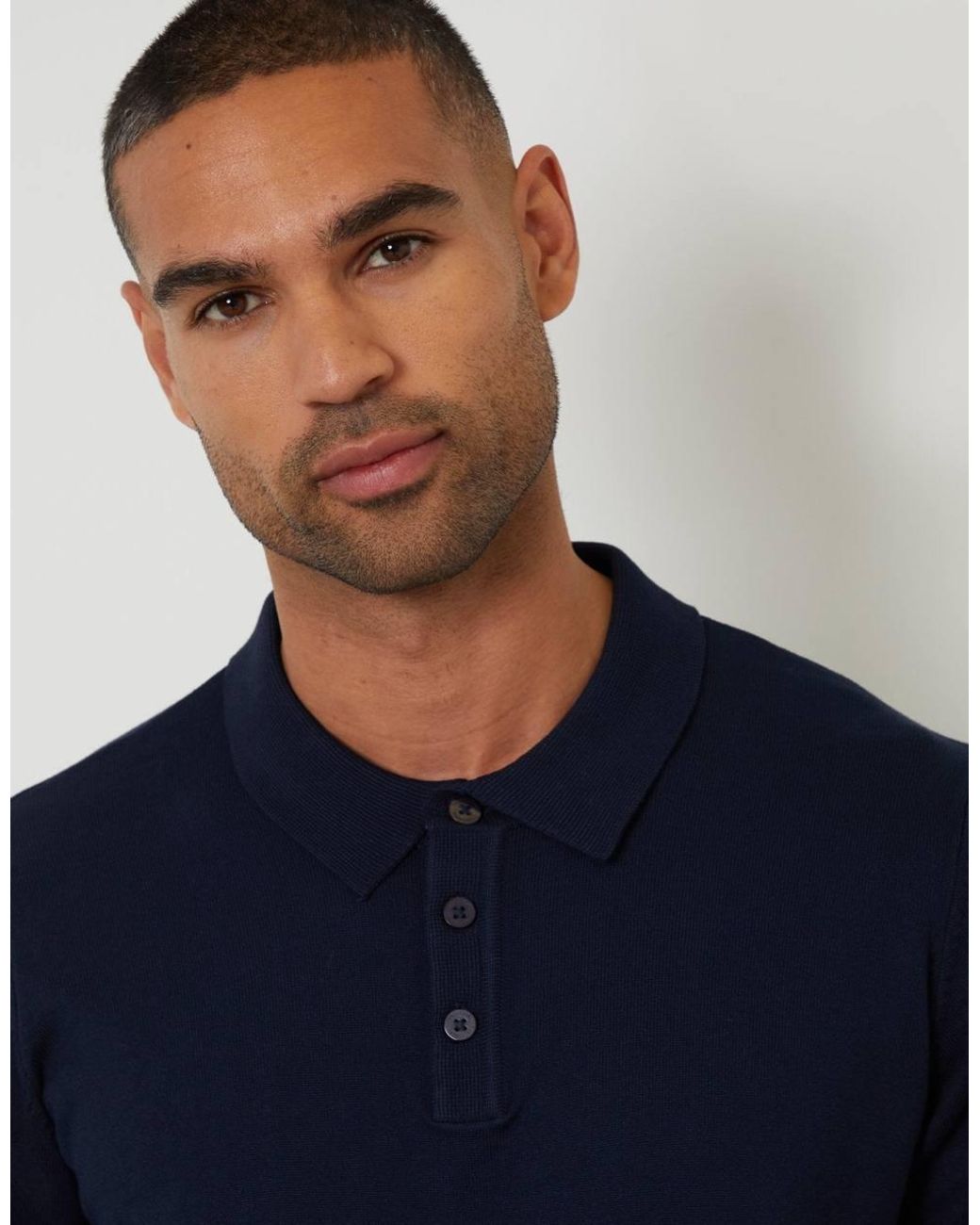 Threadbare Blue Knitted Long Sleeve Polo Jumper for men