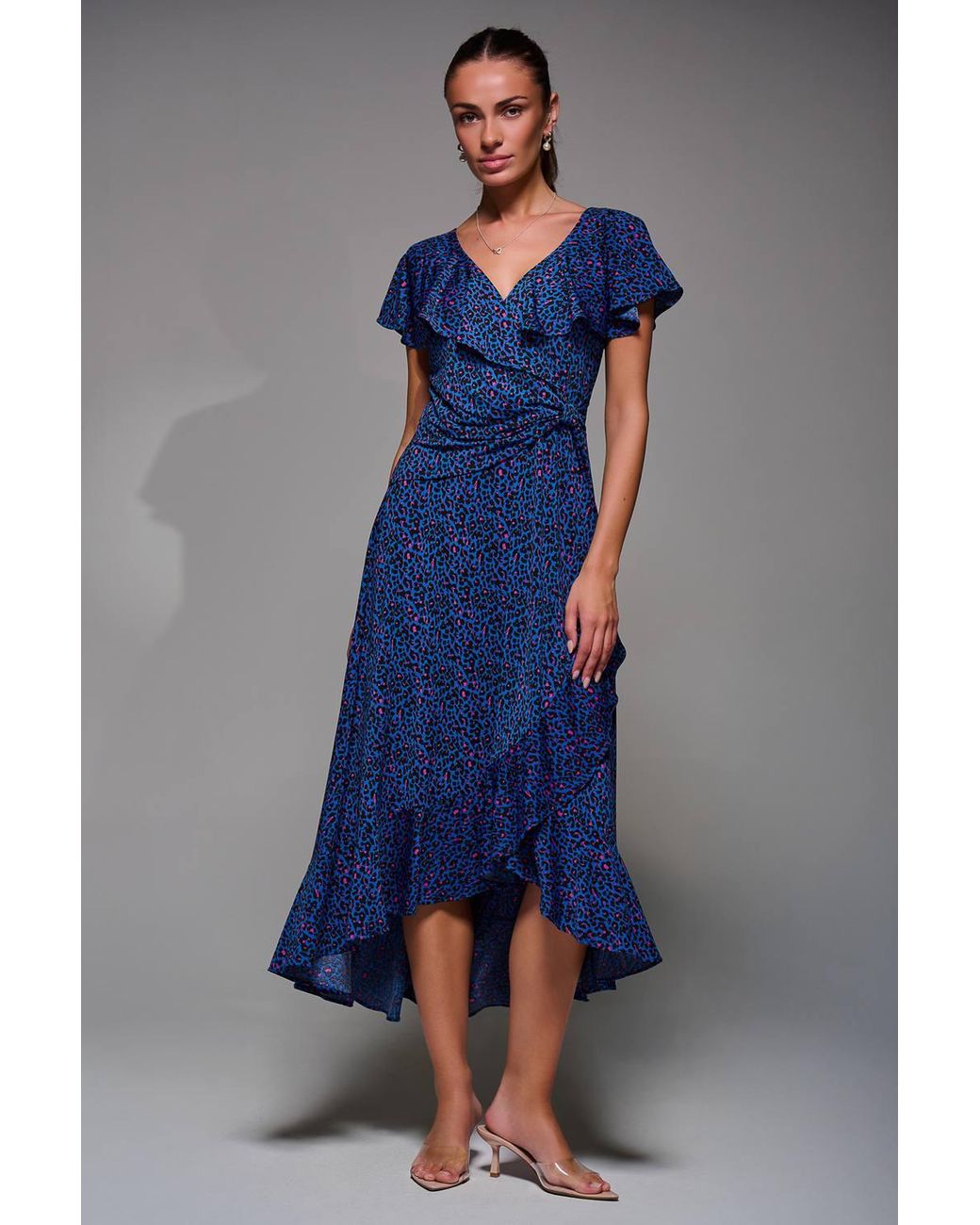 Jolie Moi Blue Animal Print Frill Maxi Dress