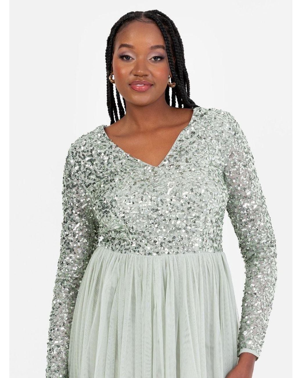 Maya Deluxe White V Neck Embellished Long Sleeve Maxi Dress