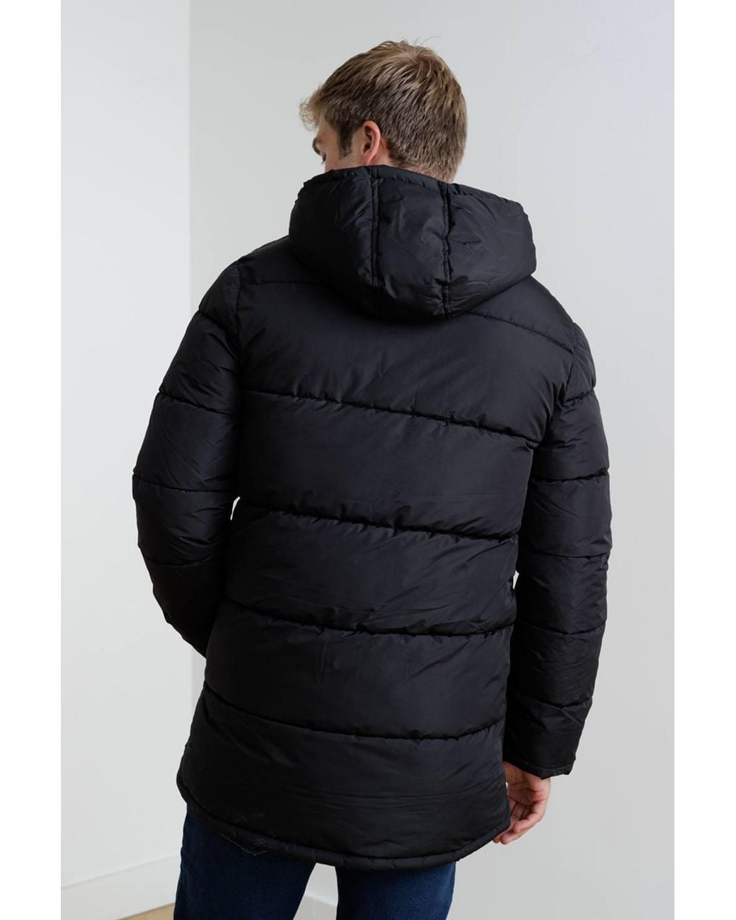 French Connection Black Hooded Parka Longline Zip-Through Jacket for men