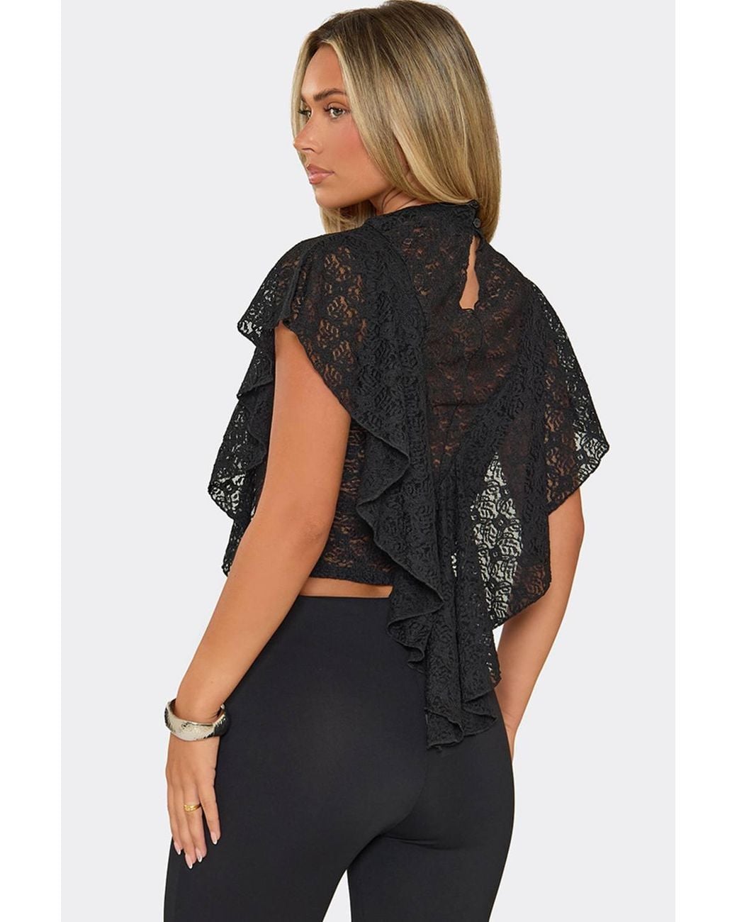 EGO Black Short Sleeve High Neck Frill Trim Top