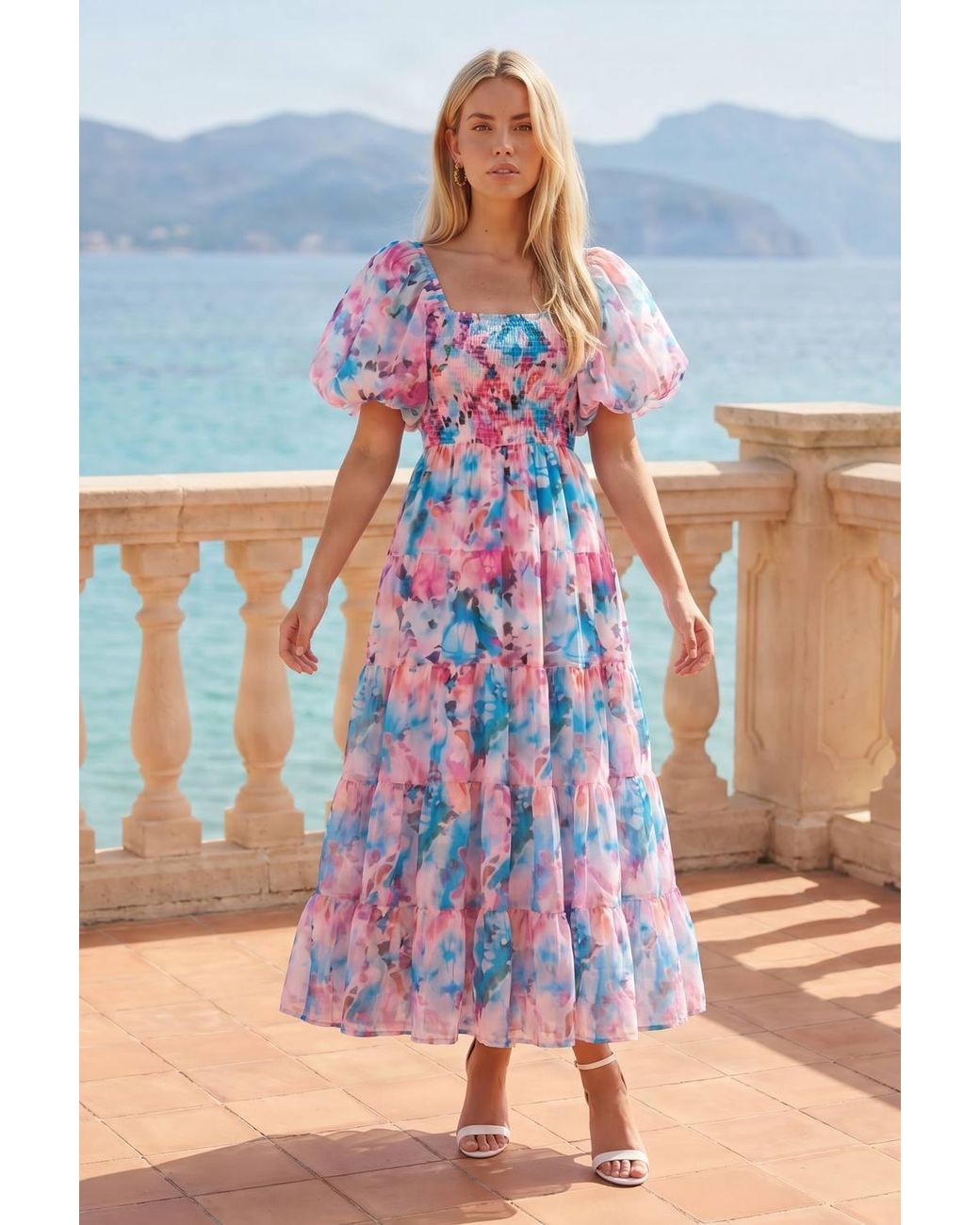 Style Cheat Blue Square Neck Puff Sleeve Midi Dress