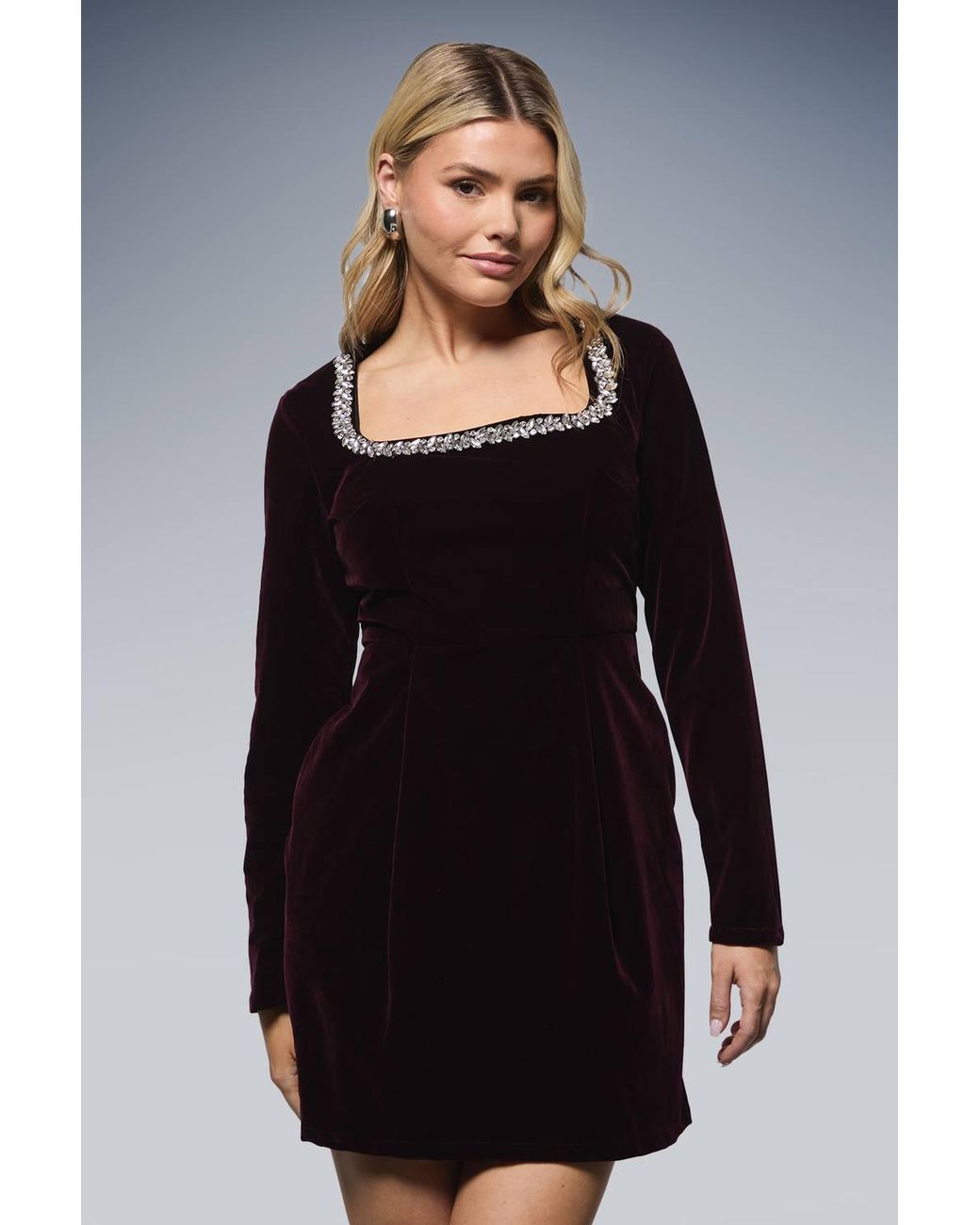 Dorothy Perkins Black Velvet Embellished Neckline Structured Mini Dress