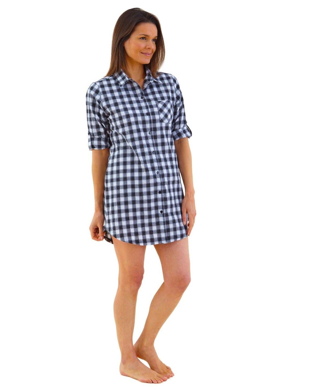 Love to Sleep Blue Button Through Check Nightshirt