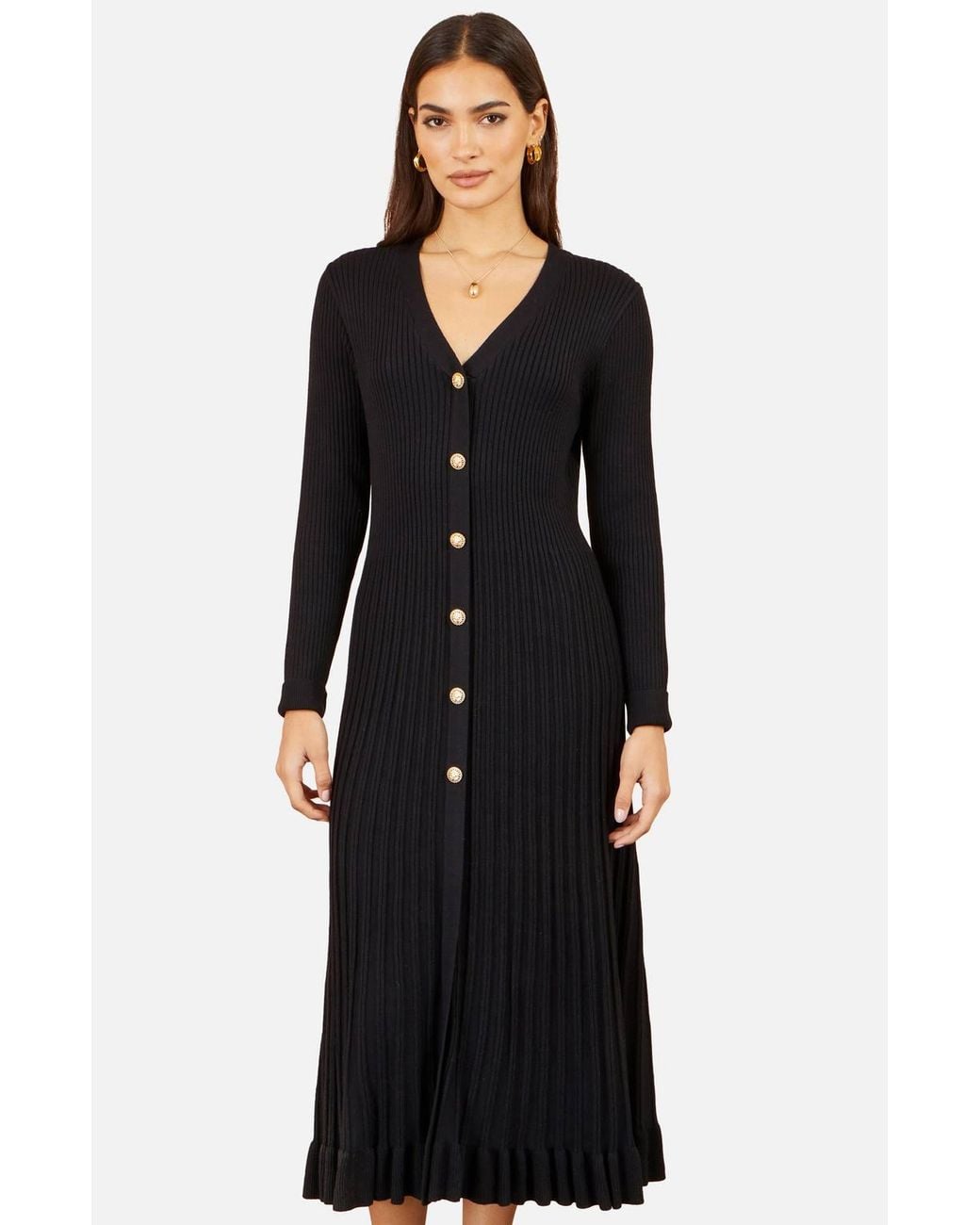 Yumi' Black Viscose Knitted Midi Ribbed Dress