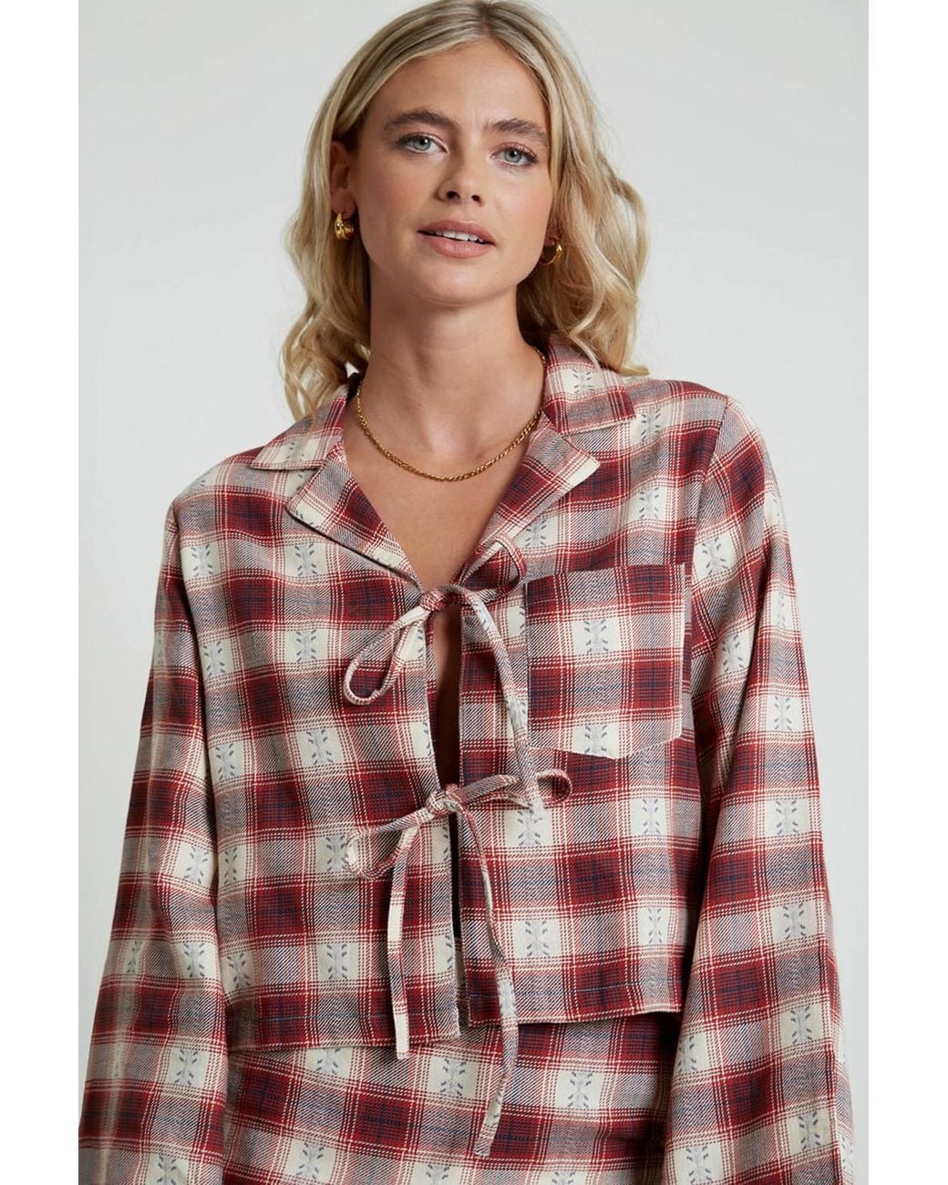 Native Youth Red Cotton Checked Tie-Front Long Sleeve Shirt
