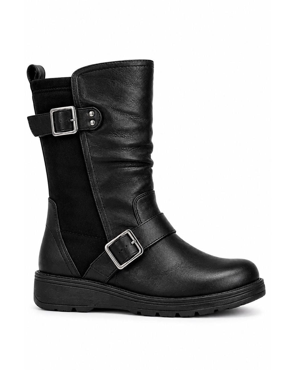 Spot on Black Extra Wide Fit Mid Calf Buckle Strap Flat Boots With Stretch Panel
