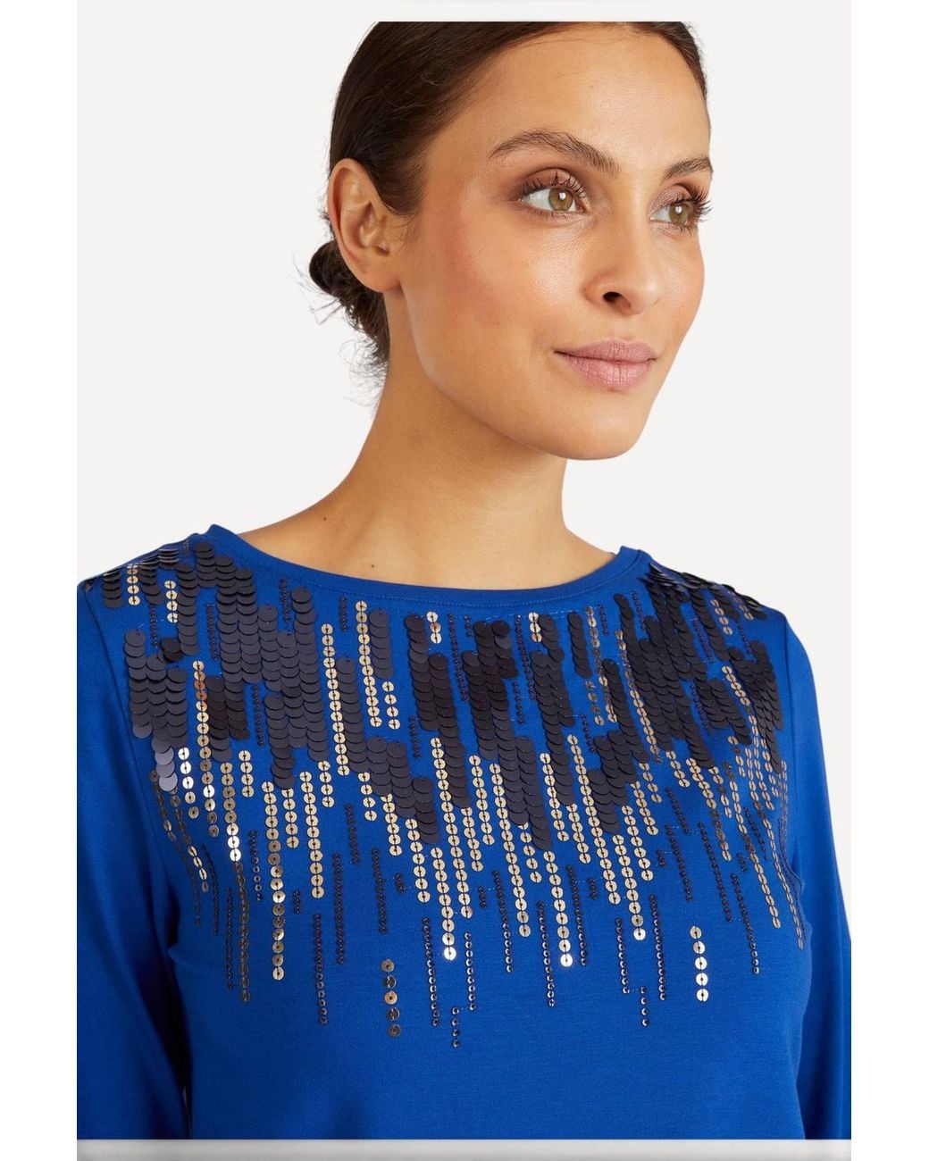 DAMART Blue Sequin Top, Boat Neckline, Regular Fit