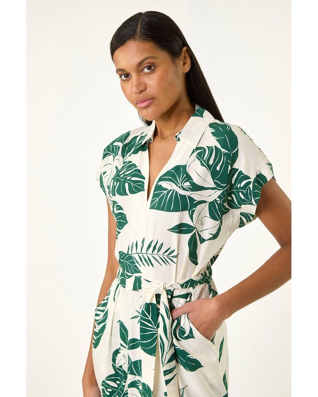 Roman Green Leaf Print Belted Shirt Midi Dress