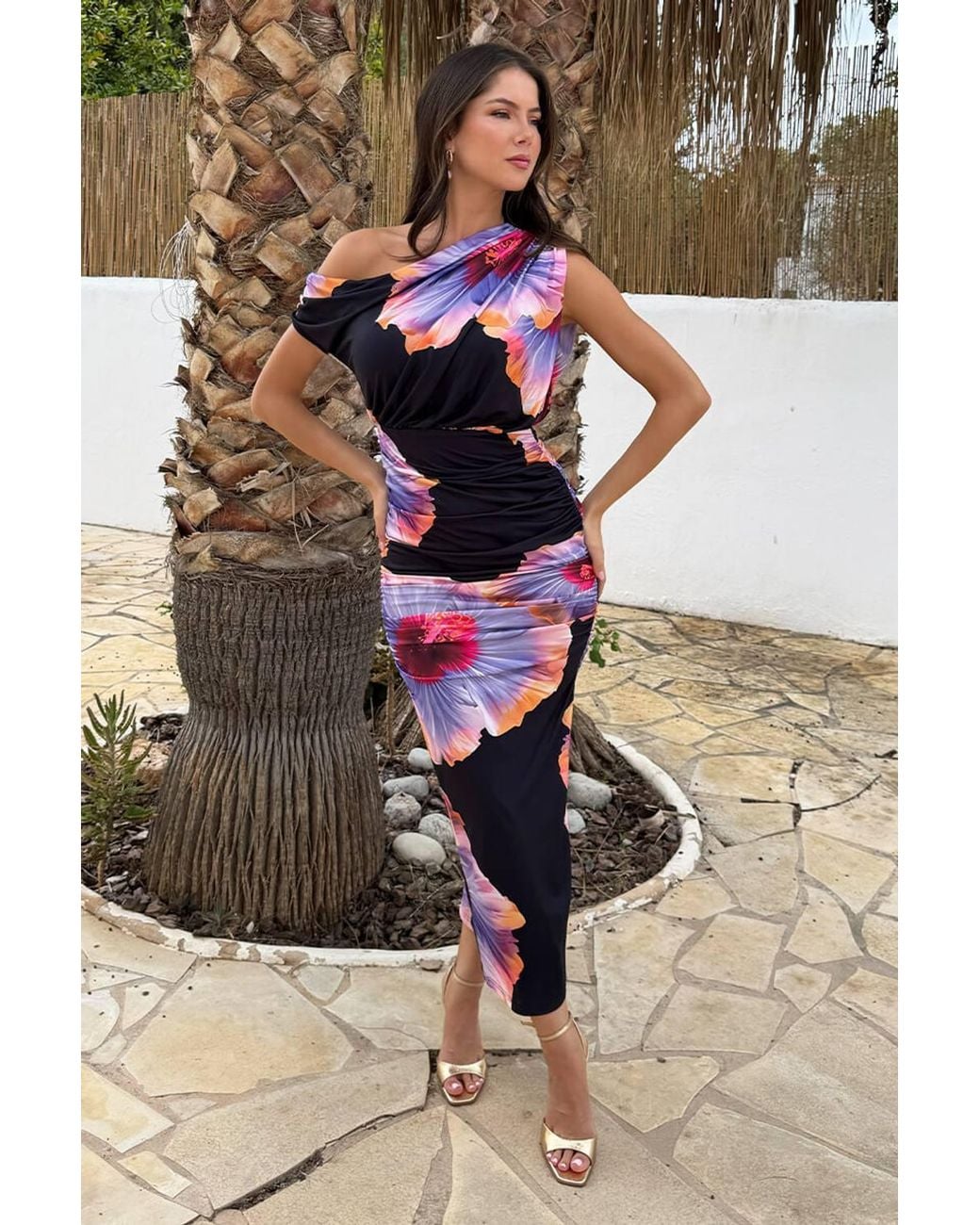 AX Paris Black Lilac Floral Print Off-The Shoulder Midi Dress