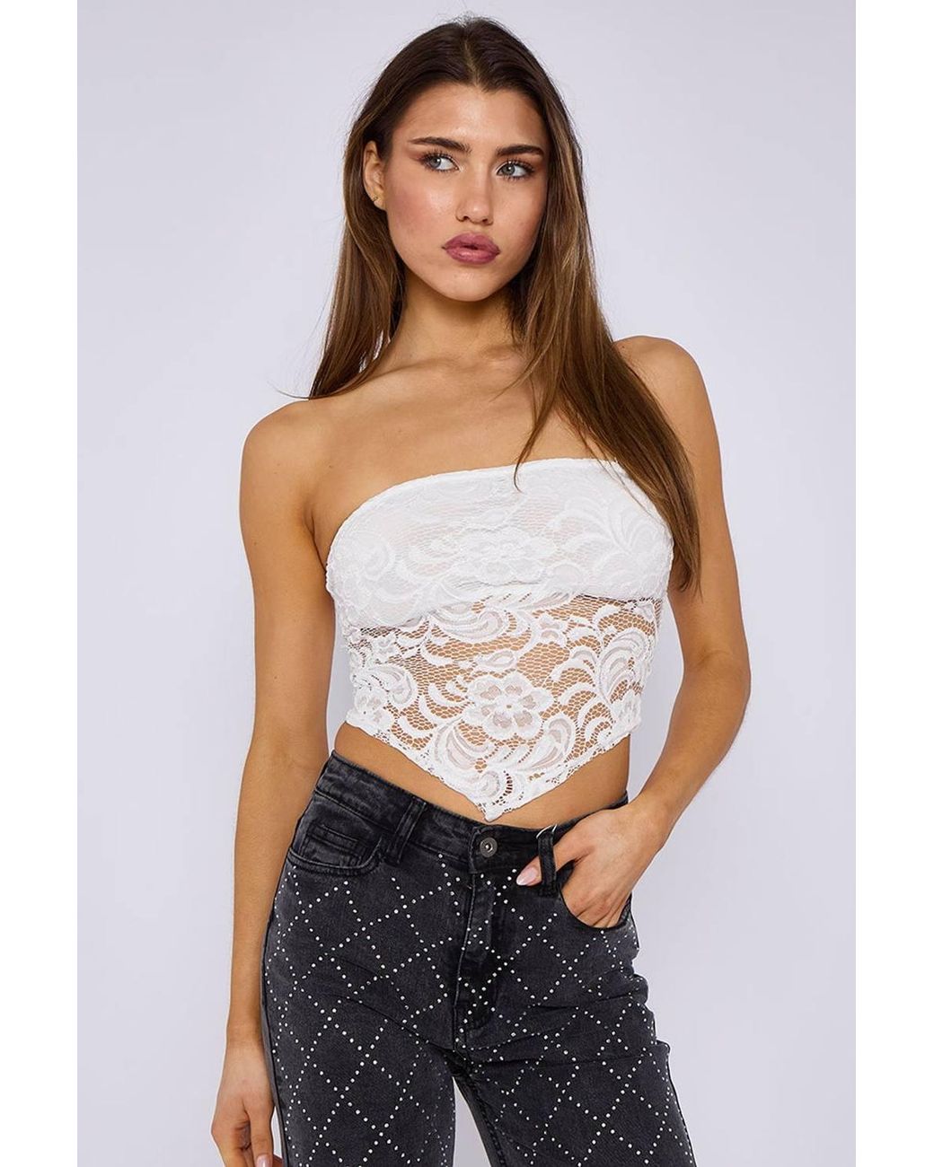 Stylewise White Lace Bandeau Crop Top