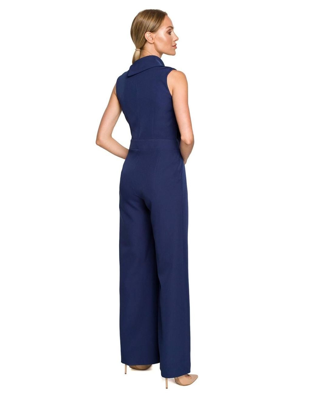 Love Lace Blue Stretch Collared Sleeveless Wide Leg Jumpsuit