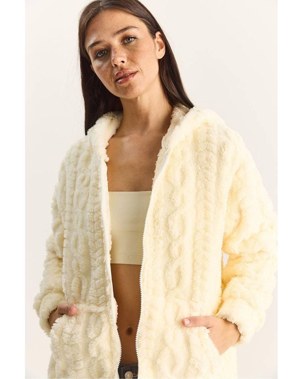 Bianco Lucci Natural Hooded Textured Knitted Cardigan With Zipper