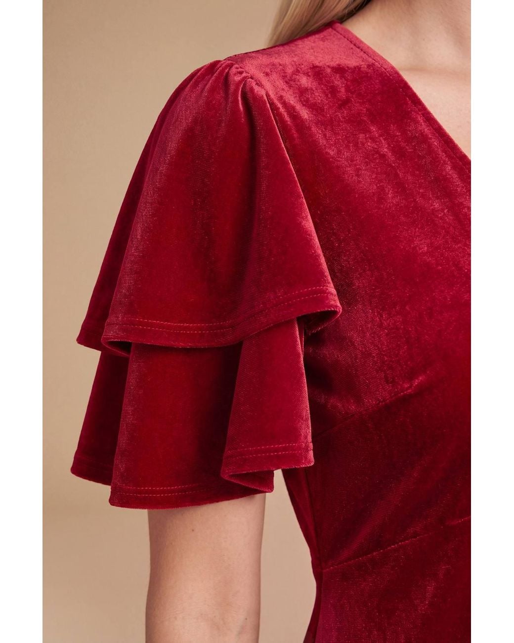 Dorothy Perkins Red Petite Dp Luxe Velvet Double Flutter Midi Dress