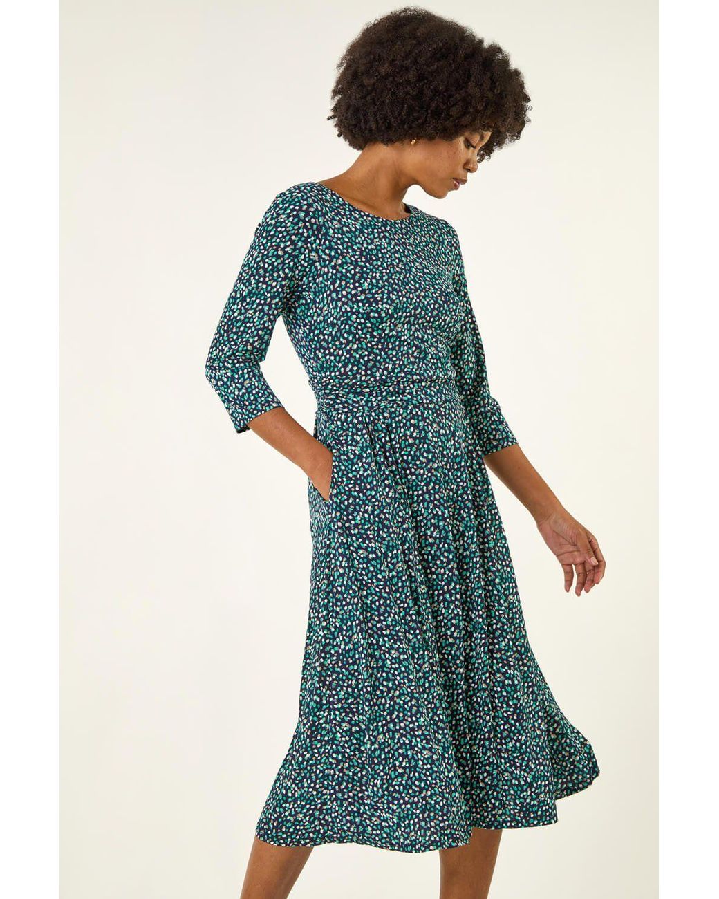 Roman Green Abstract Print Gathered Stretch Midi Dress