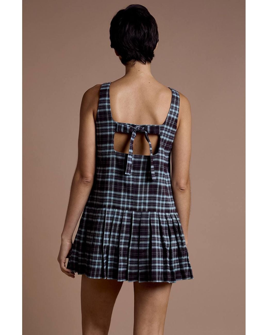 Neon Rose Blue Tartan Check Pleated Mini Pinafore Dress