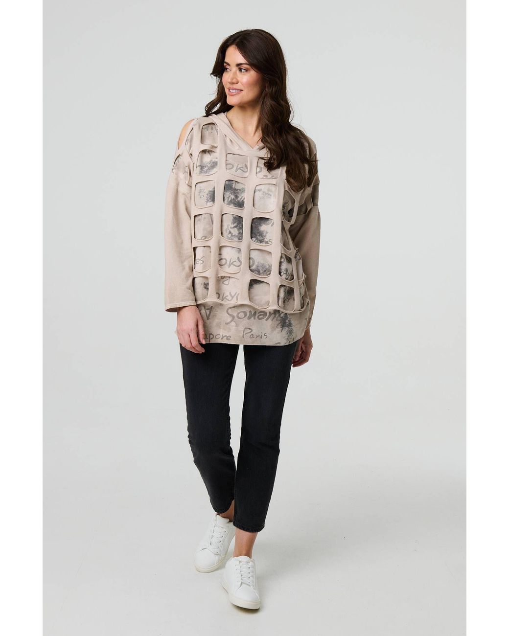Izabel London Natural Graphic Print Cut Out Layer Hoodie
