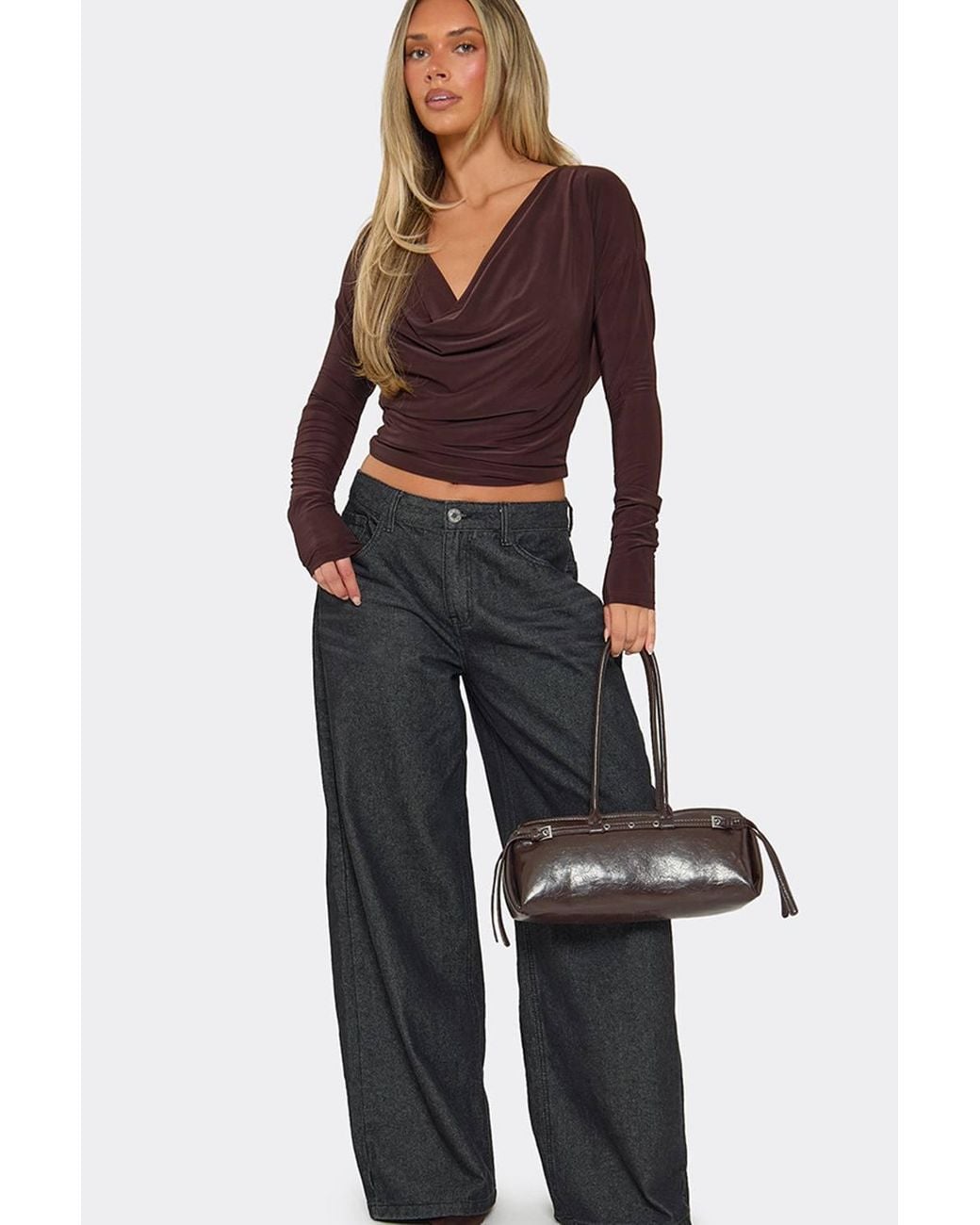 EGO Brown Long Sleeve Cowl Neck Tie Back Slinky Top