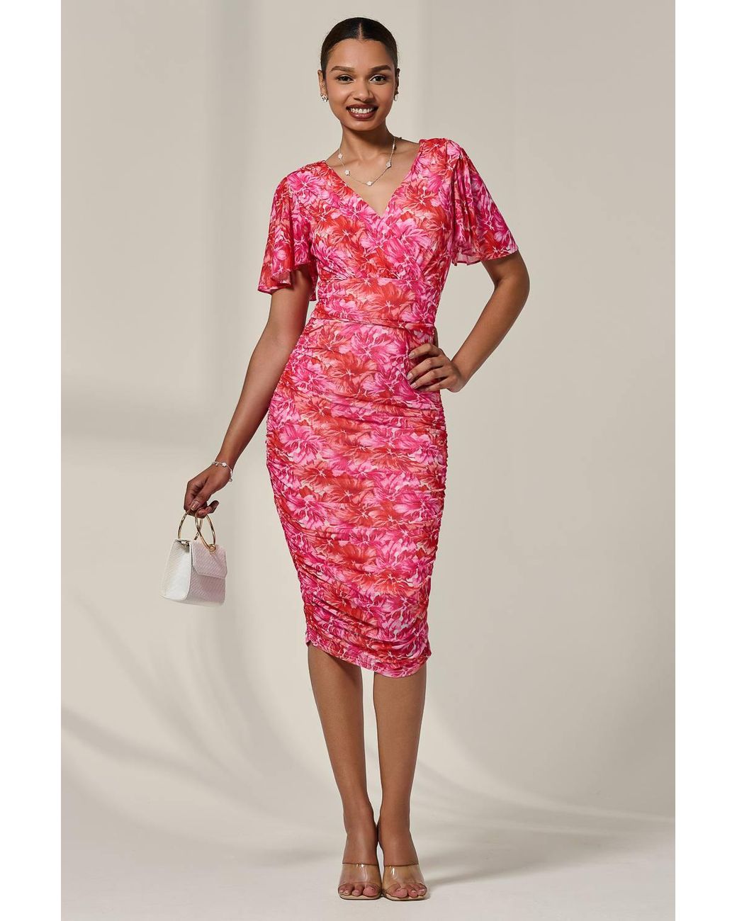 Jolie Moi Pink Angel Sleeved Floral Mesh Bodycon Dress