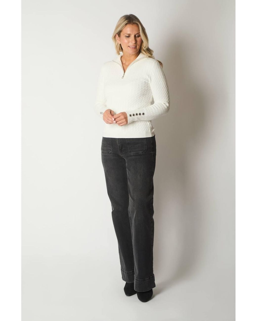 Solo White Cable Knit Quarter-Zip Sweater With Button Cuff Detail