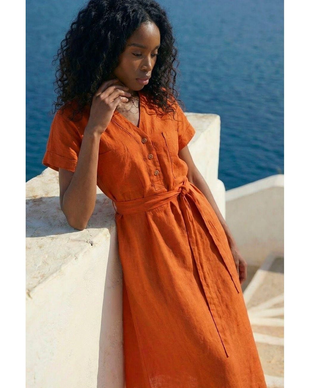 Roman Blue Button Linen Mix Midi Dress