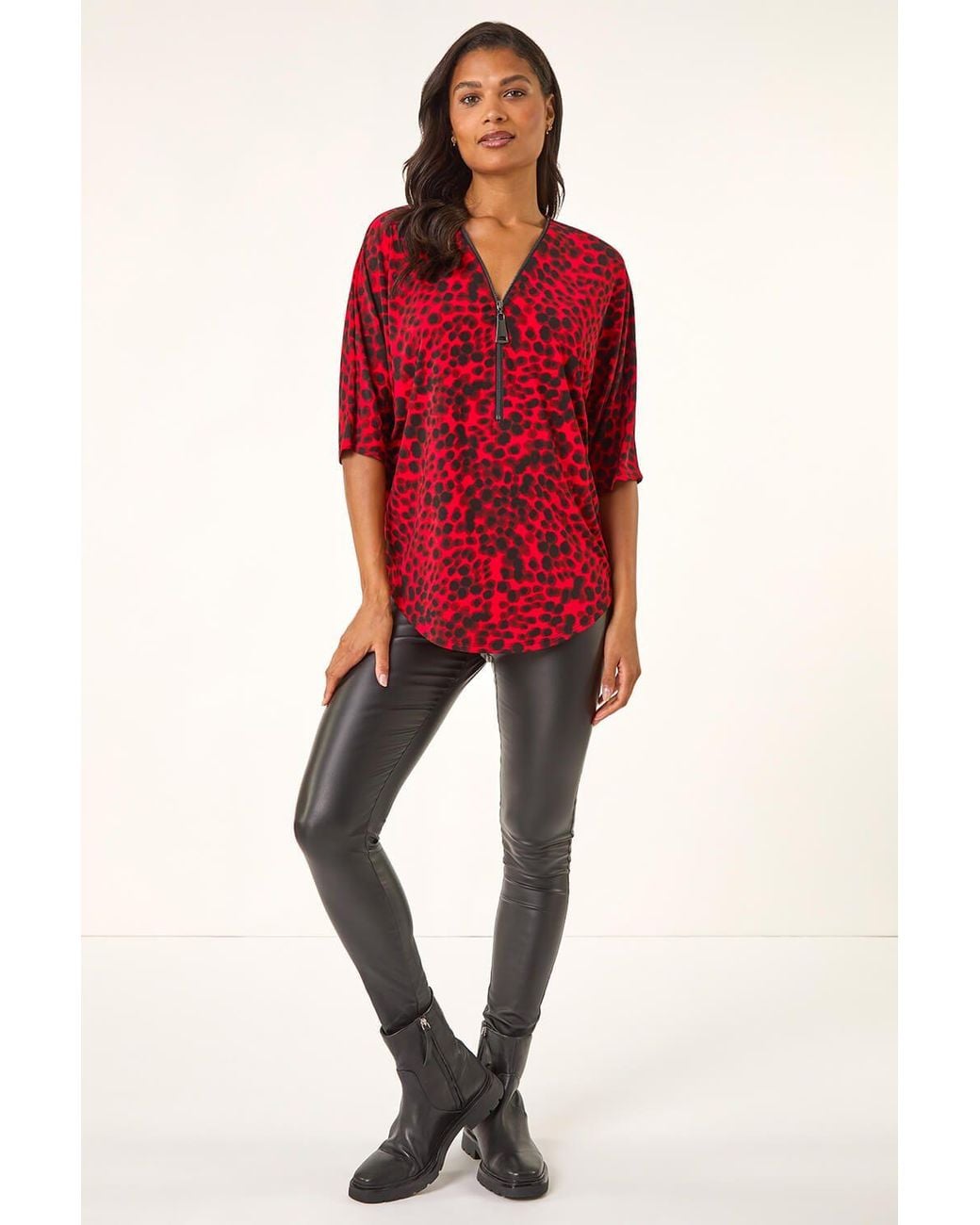 Roman Red Animal Print Zip Front Stretch Top