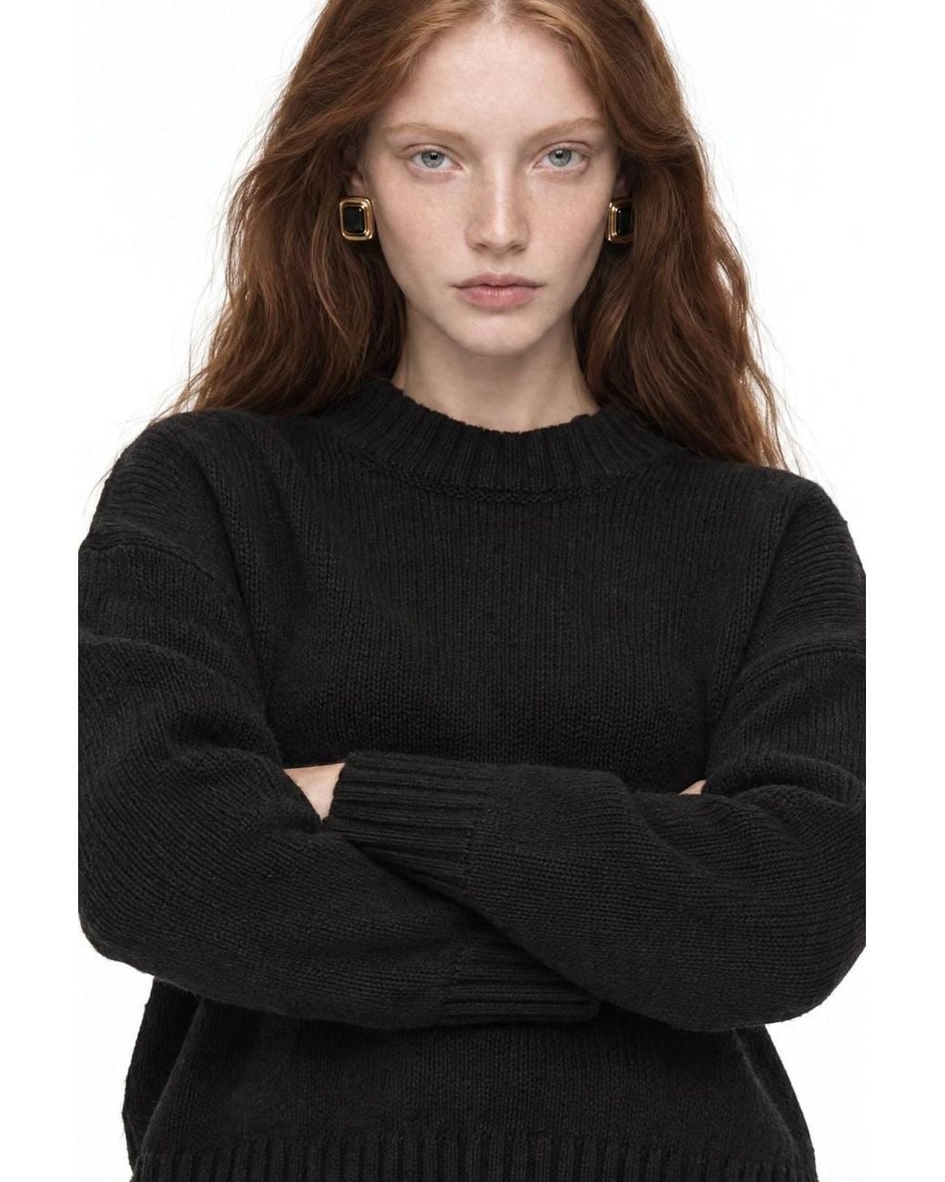 MixRay Black Oversized Ribbed Knit Sweater With Crew Neck