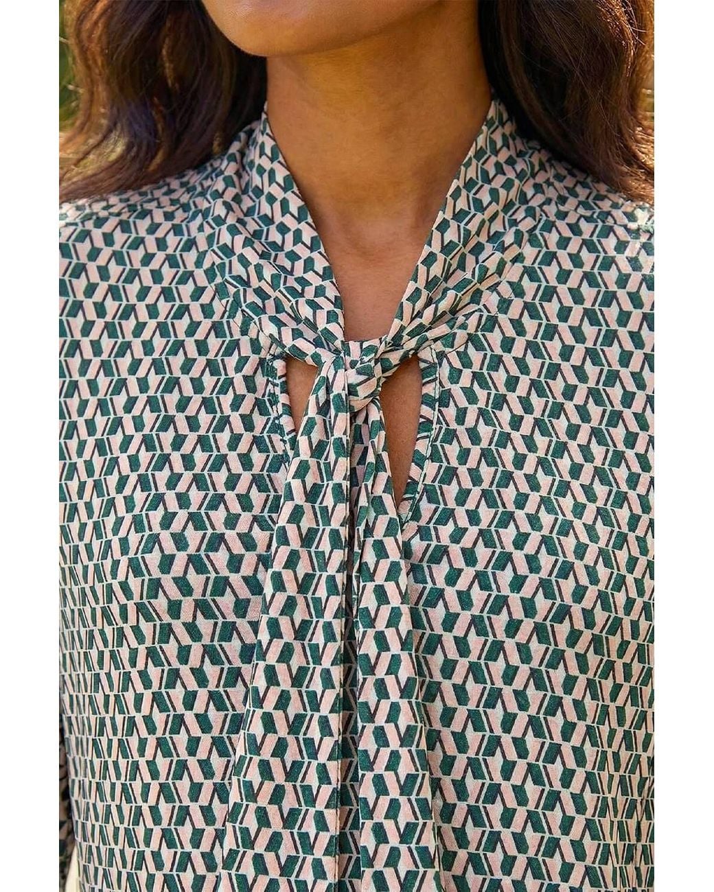 Roman Gray Geo Print Tie Front Tunic Top