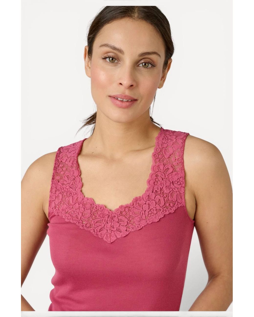 DAMART Pink Sleeveless Thermolactyl T-Shirt Lace Trim Regular Length Jersey