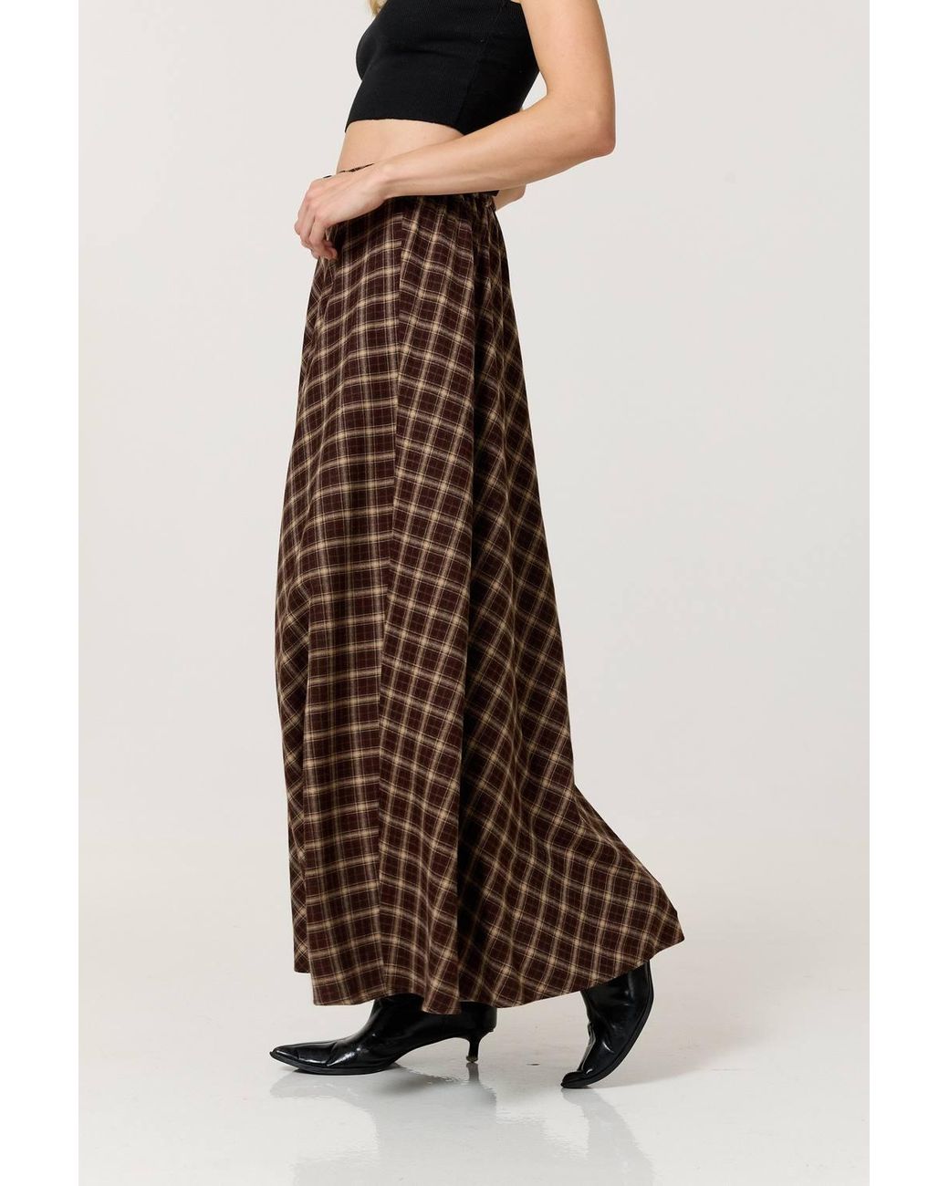 Liquorish Brown Check Belted Maxi Skirt