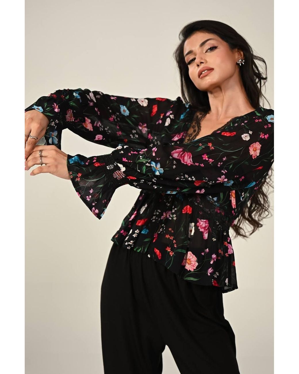 Rose & Nancy Black Juliette--Floral-Lace-Trim-Blouse