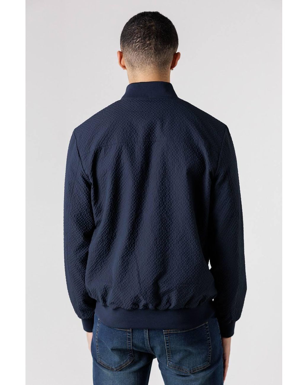 Tokyo Laundry Blue Seersucker Bomber Jacket With Zip-Up & Side Pockets for men
