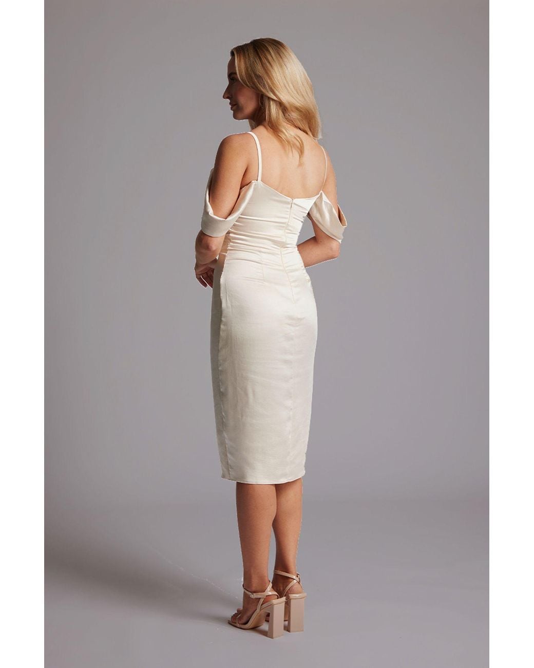 Vesper Gray Bardot Draped Bust Satin Midi Dress
