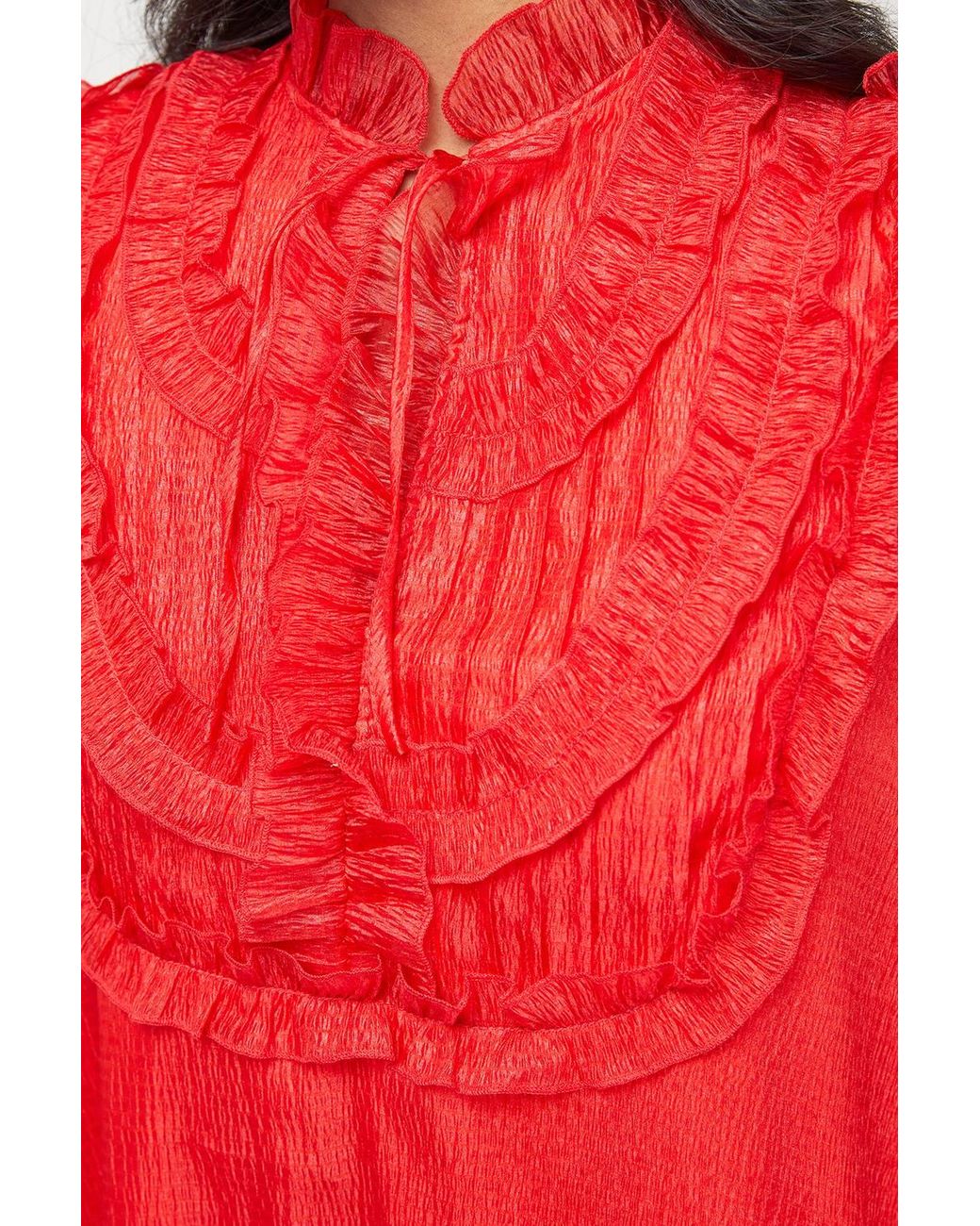Warehouse Red Premium Crinkle Stripe Organza Frill Pleat Detail Midi Dress