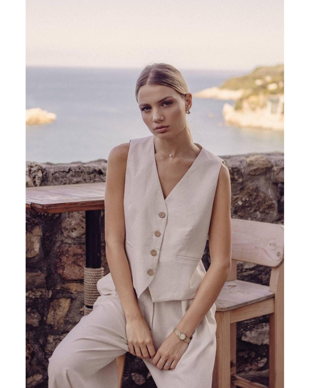 Love Lace White Tailored Linen V Neck Vest With Button