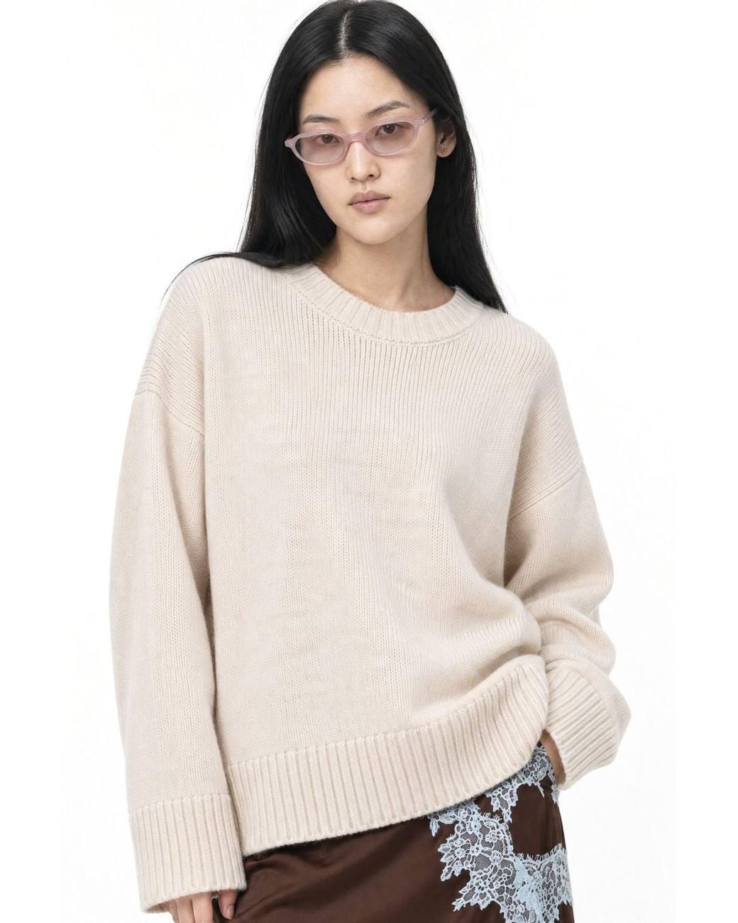 MixRay Natural Oversized Ribbed Knit Sweater With Crew Neck