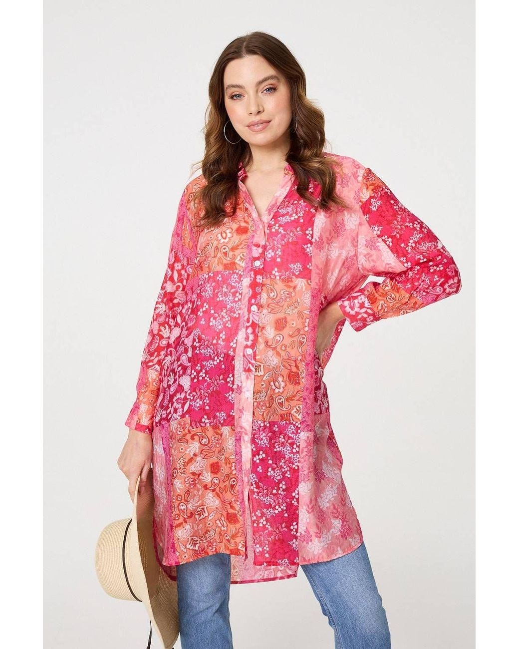 Izabel London Red Patchwork Print Semi Sheer Longline Shirt
