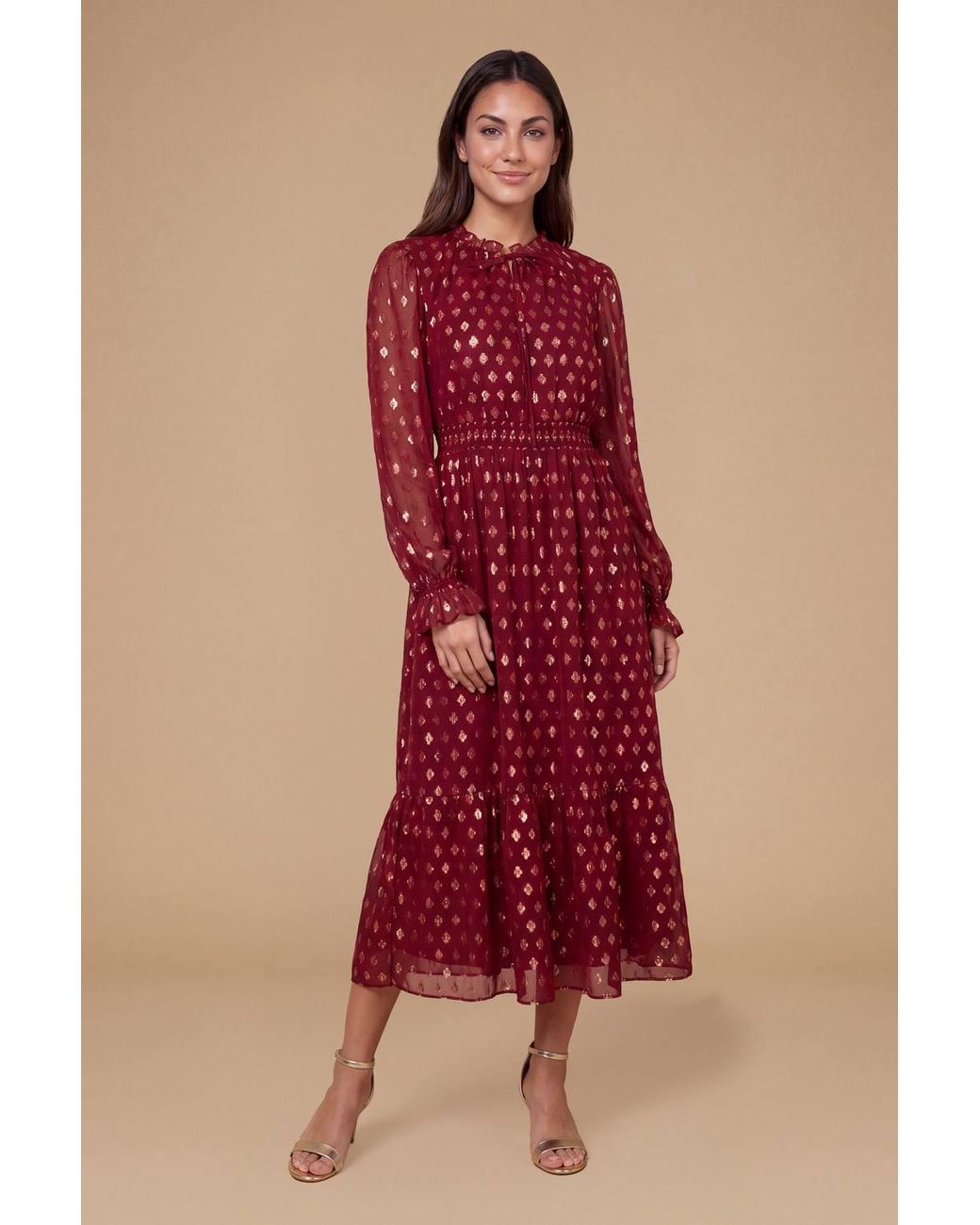 Dorothy Perkins Red Petite Tie Neck Metallic Jacquard Blouson Sleeve Midaxi Dress