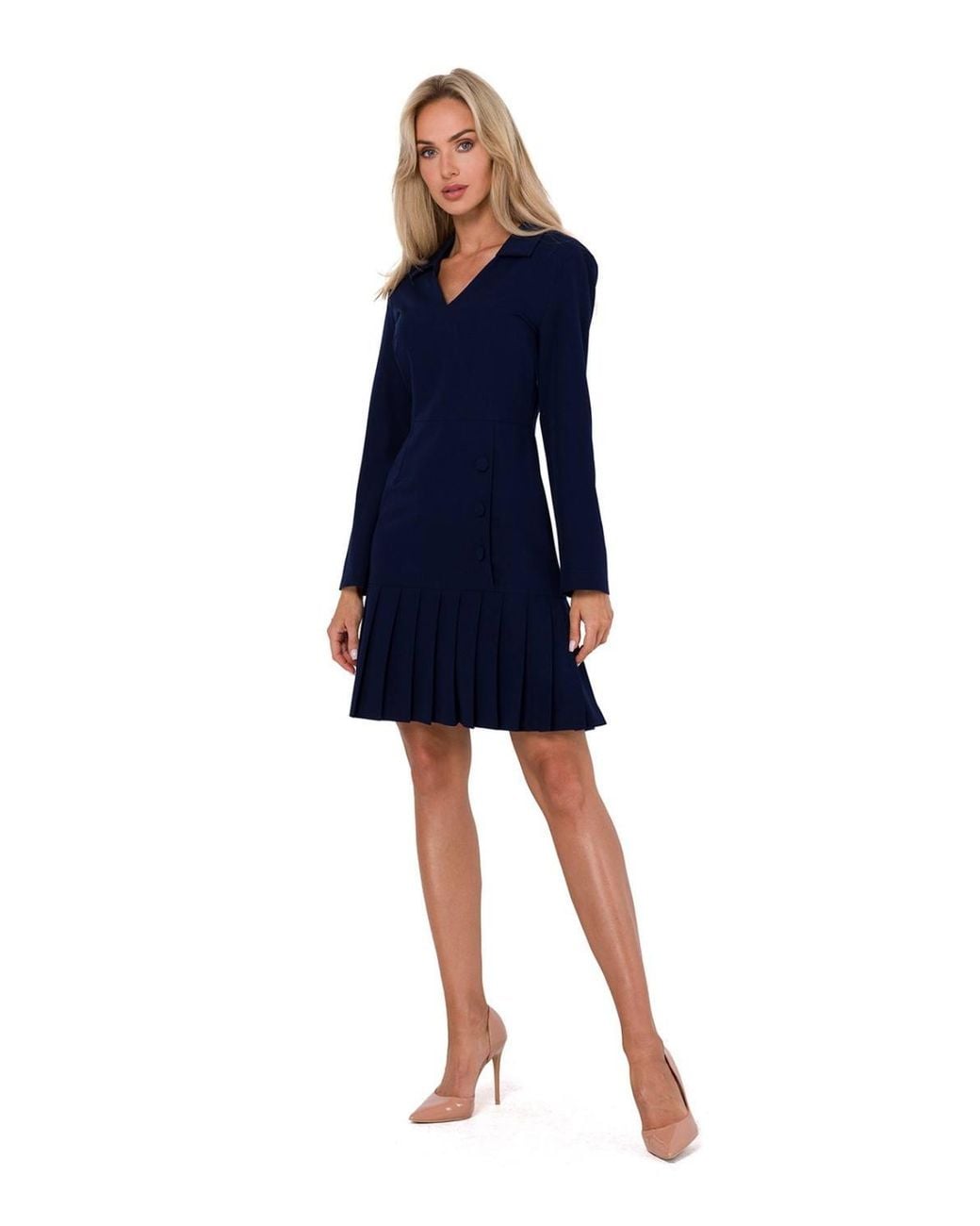 Love Lace Blue Viscose Pleated V-Neck Long Sleeve Dress