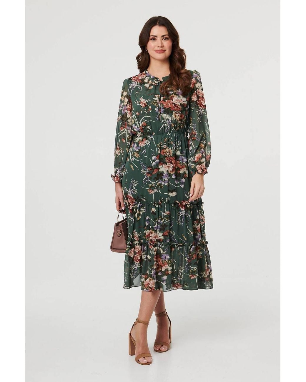 Izabel London Green Floral Tiered Long Sleeve Midi Dress