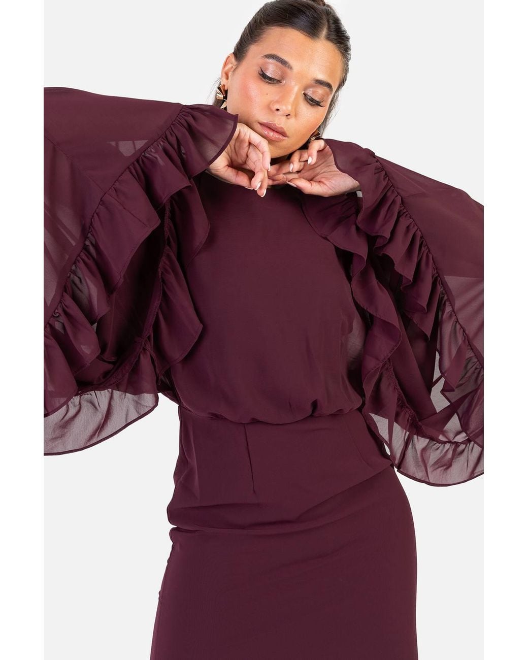 Anaya with love Red Oversized Sleeve Round Neck Ruffle Maxi Dress