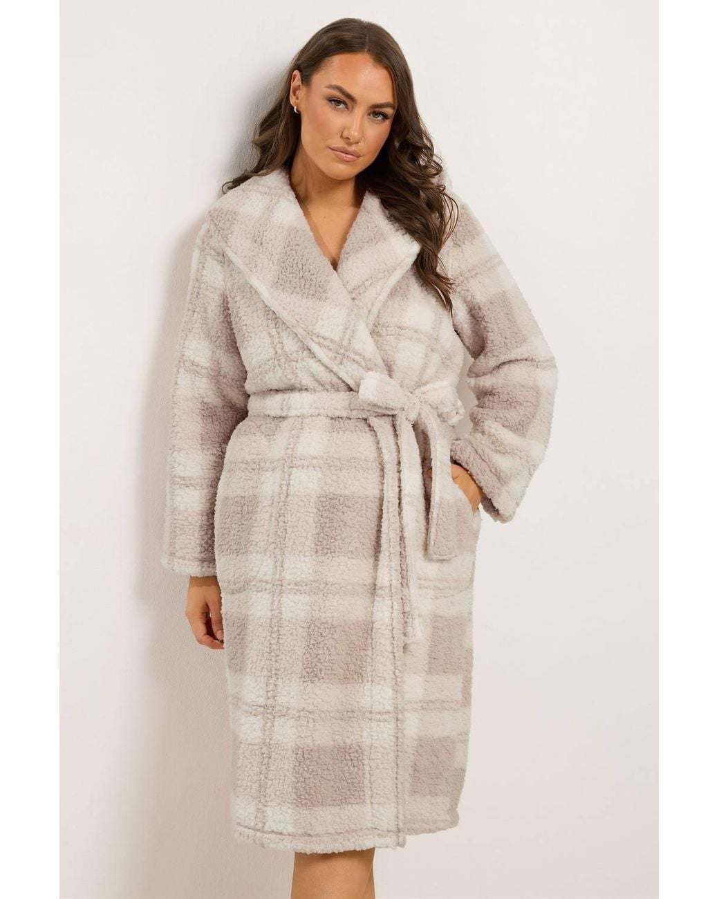 Yours Natural Check Fluffy Shawl Dressing Gown