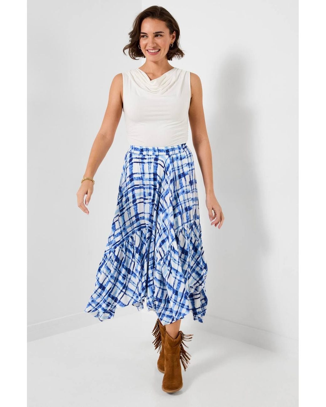 Joe Browns Blue Check Print Hanky Hem Maxi Skirt
