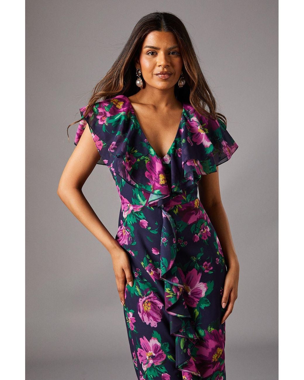 Coast Blue Petite Short Sleeve Chiffon Maxi Dress With Frills