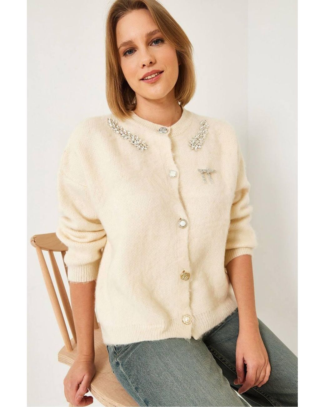 Bianco Lucci Natural Embellished Crew Neck Long Sleeve Cardigan