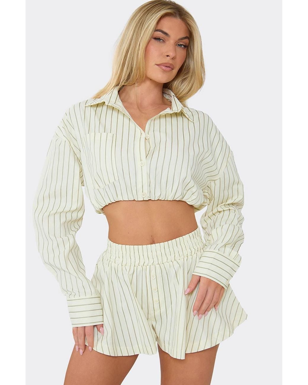 EGO White Button Up Pinstripe Cropped Skirt