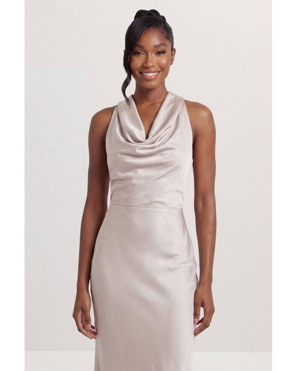 MissPap Natural Satin Cowl Wrap Neck Maxi Dress