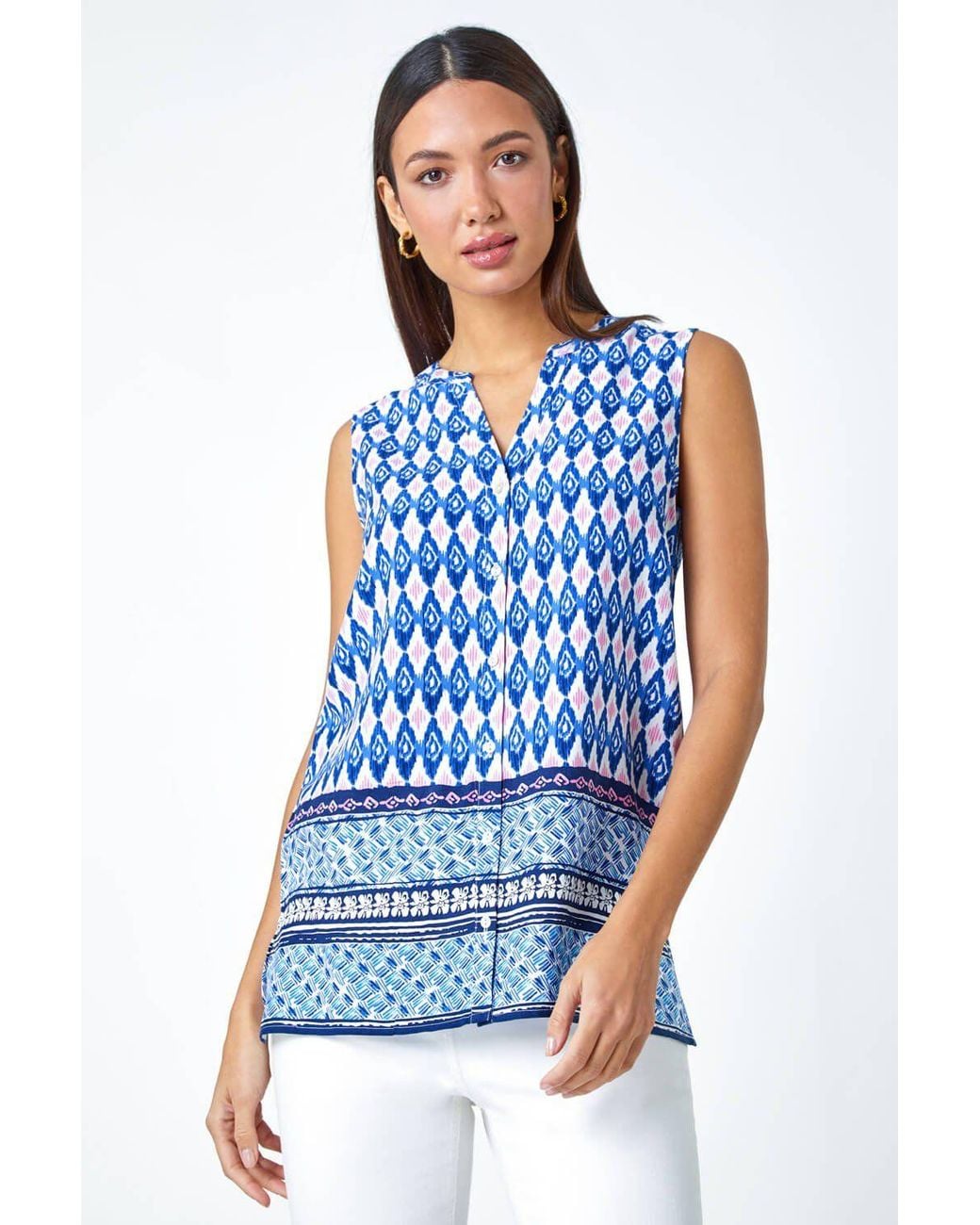 Roman Blue Longline Border Print V-Neck Blouse
