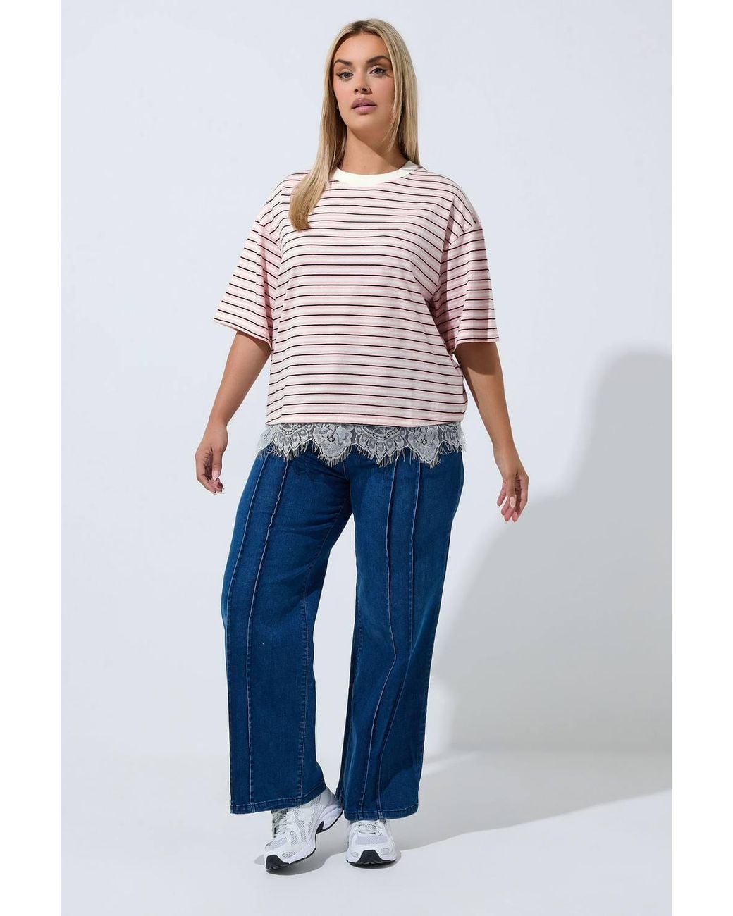 Yours Pink Stripe Lace Hem T-Shirt