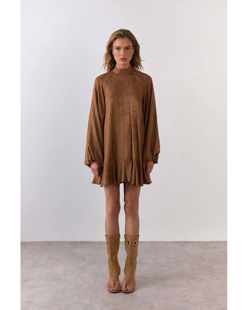 Warehouse Brown Jacquard Blouson Sleeve Mini Dress